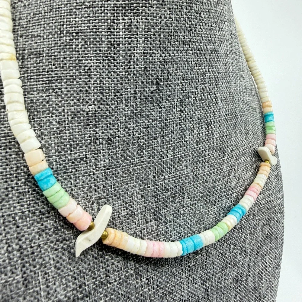 Pastel Heishi Bead Bird Necklace White Blue Pink Boho Coastal Statement Gift